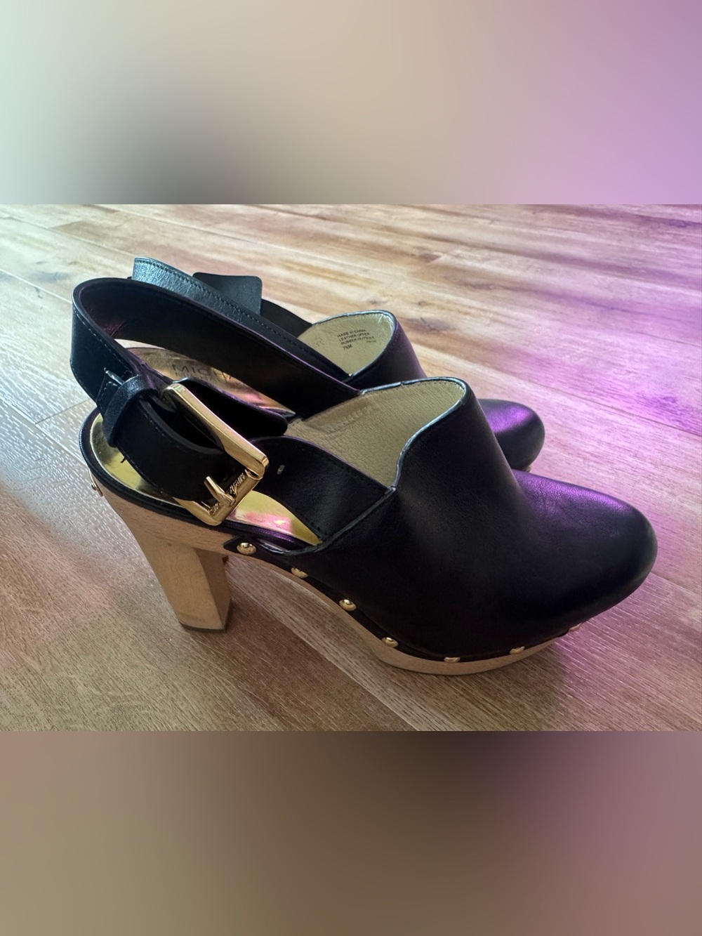 MICHAEL Michael Kors Beatrice Black Leather Slingback Clog Heels w Gold Buckle
